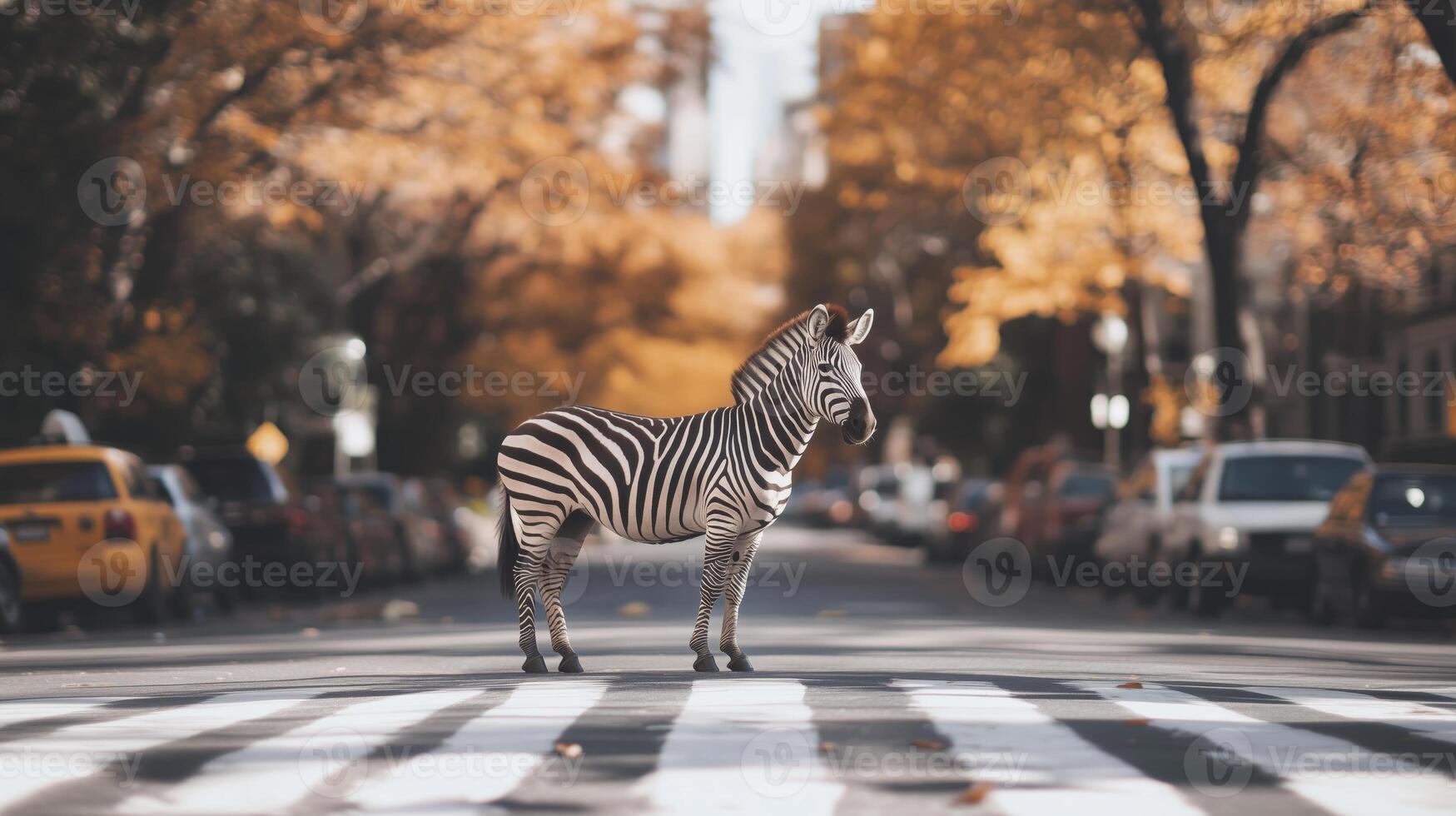 A zebra crossing the street in the middle of a city photo