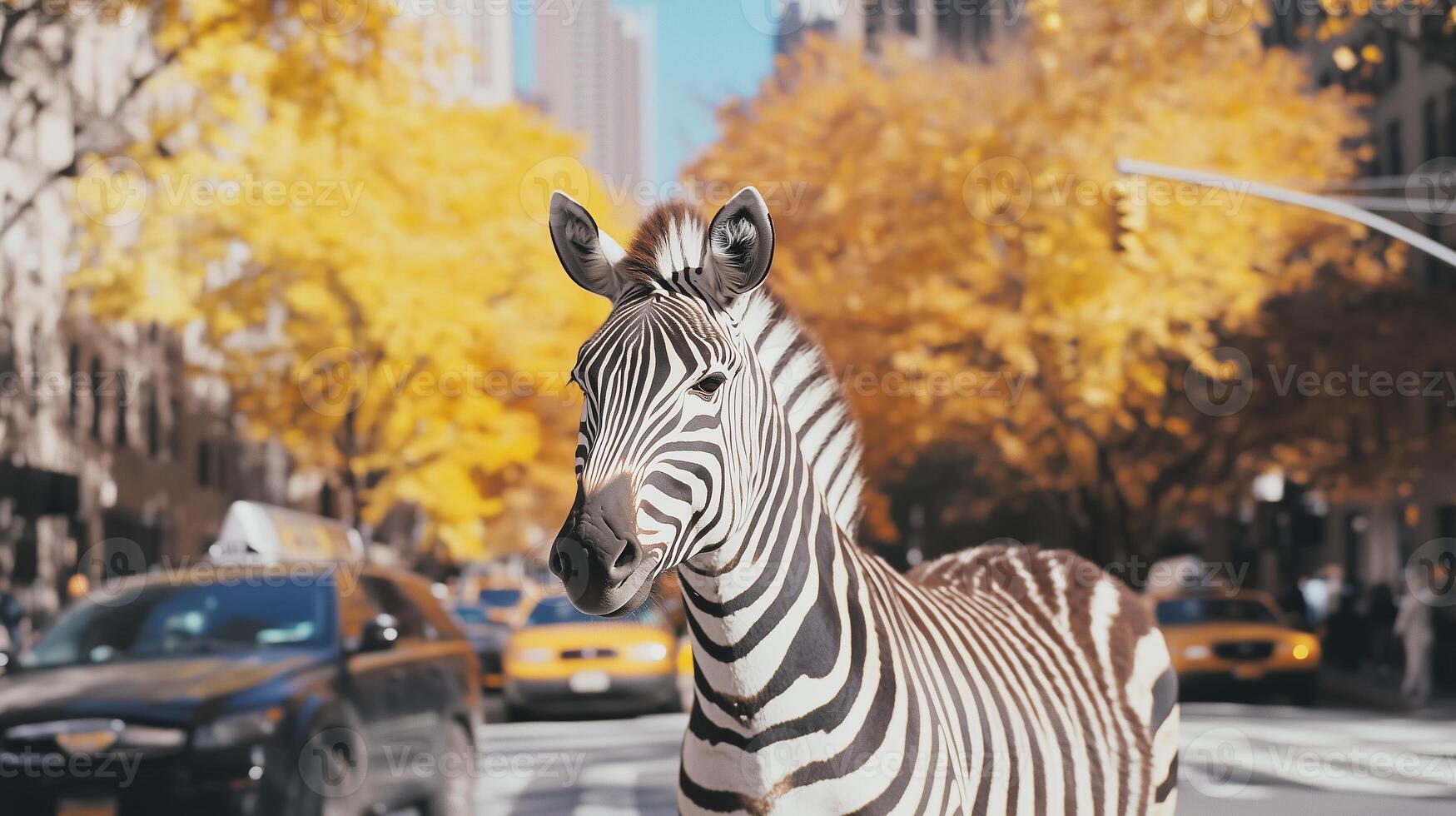 A zebra standing in the middle of a city street photo