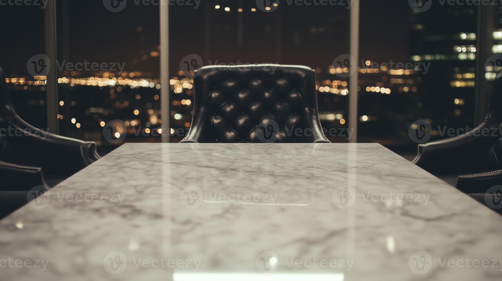 A marble table with black chairs in front of a cityscape photo