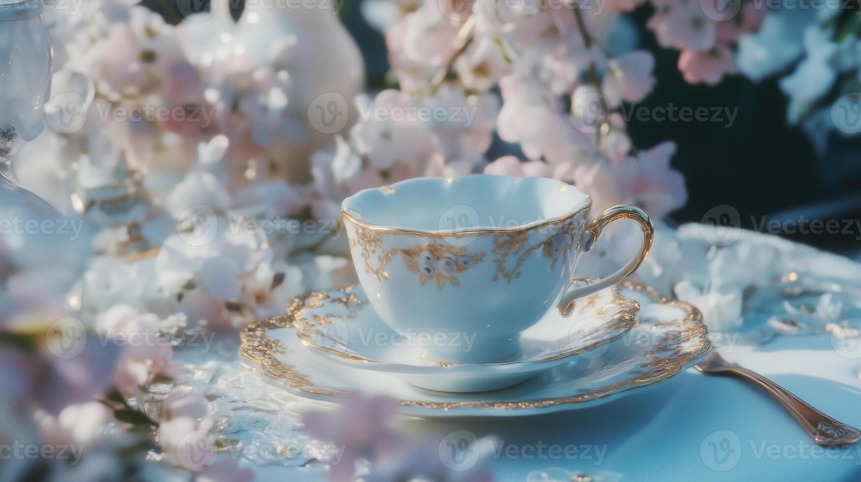 A white tea cup and saucer on a table with pink flowers photo