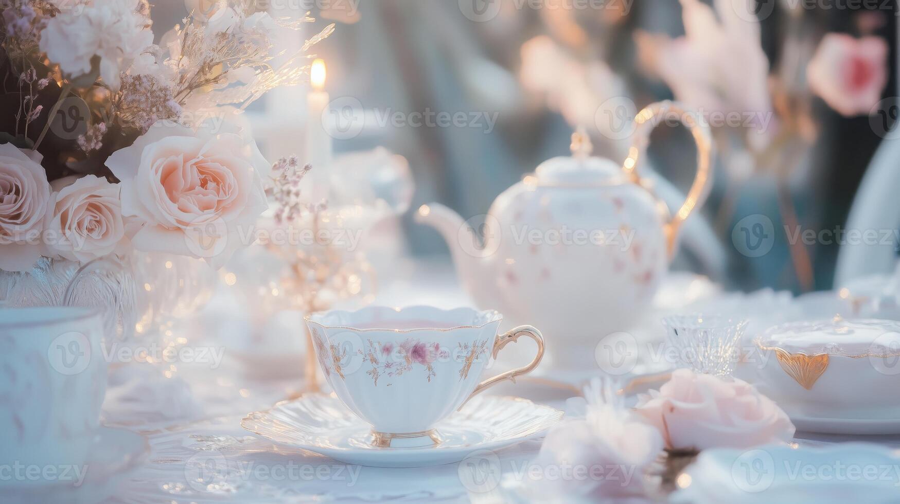 A table set for tea with pink roses photo