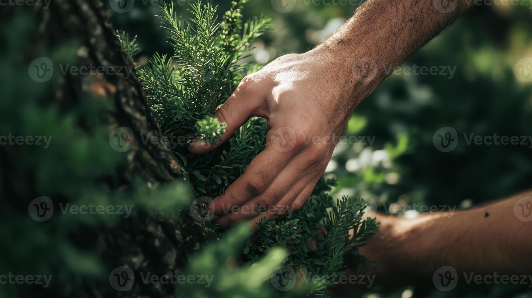 A person is picking up a small plant from a tree photo