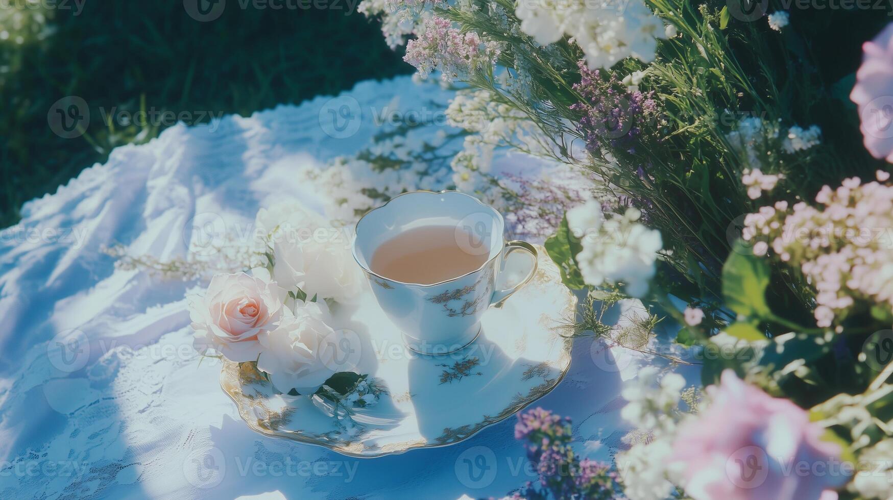 Tea cup and flowers photo