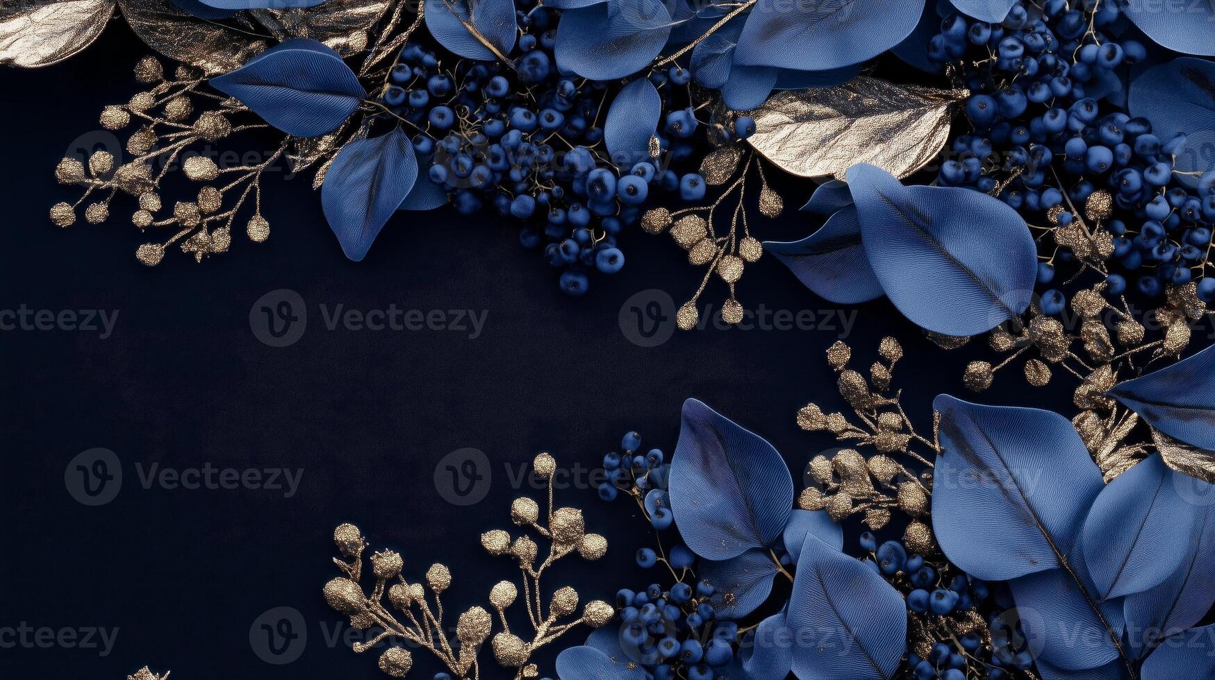 Blue and gold leaves on a black background photo