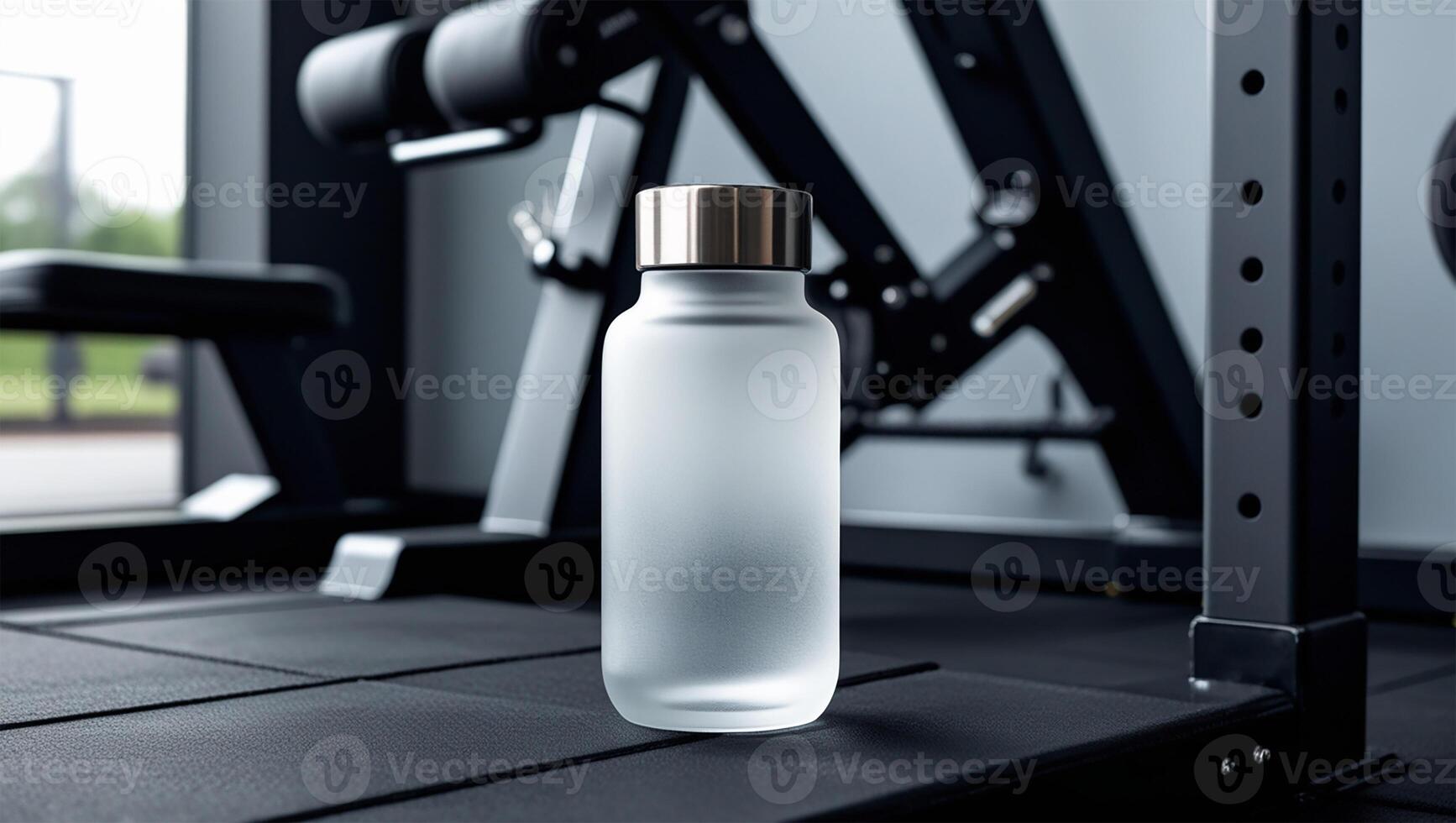 A bottle of water sits on a bench in a gym photo