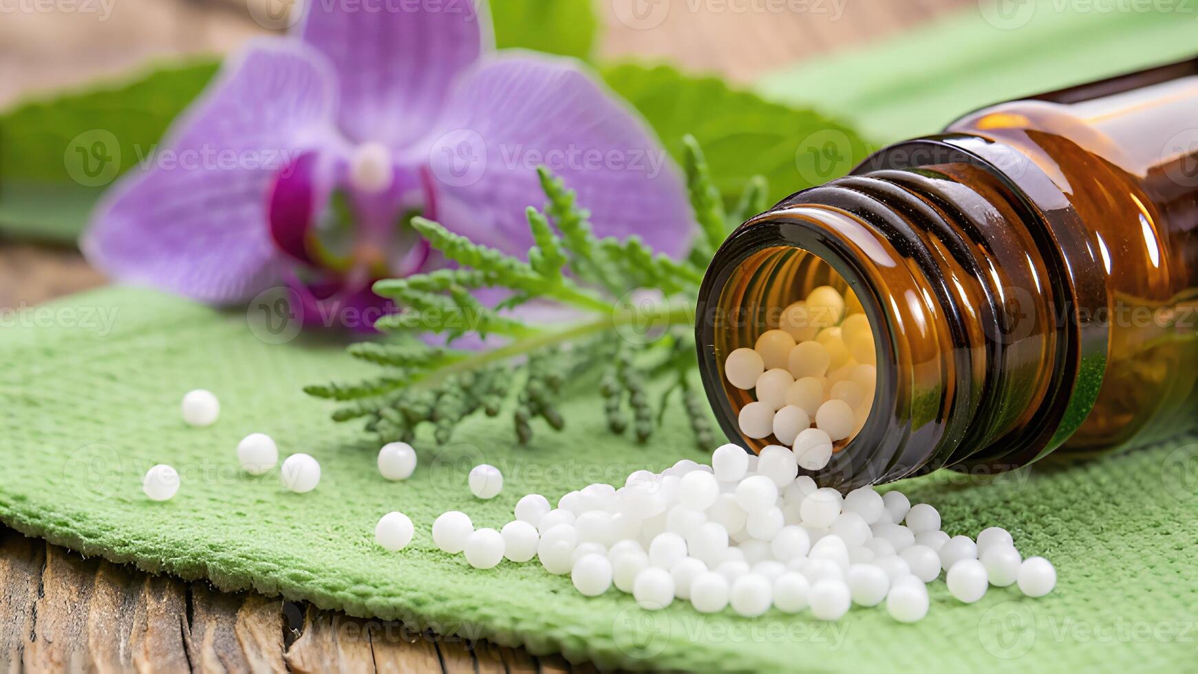 Ashwagandha capsules spilling from a glass bottle, surrounded by fresh green leaves, symbolizing natural health and herbal supplements. photo