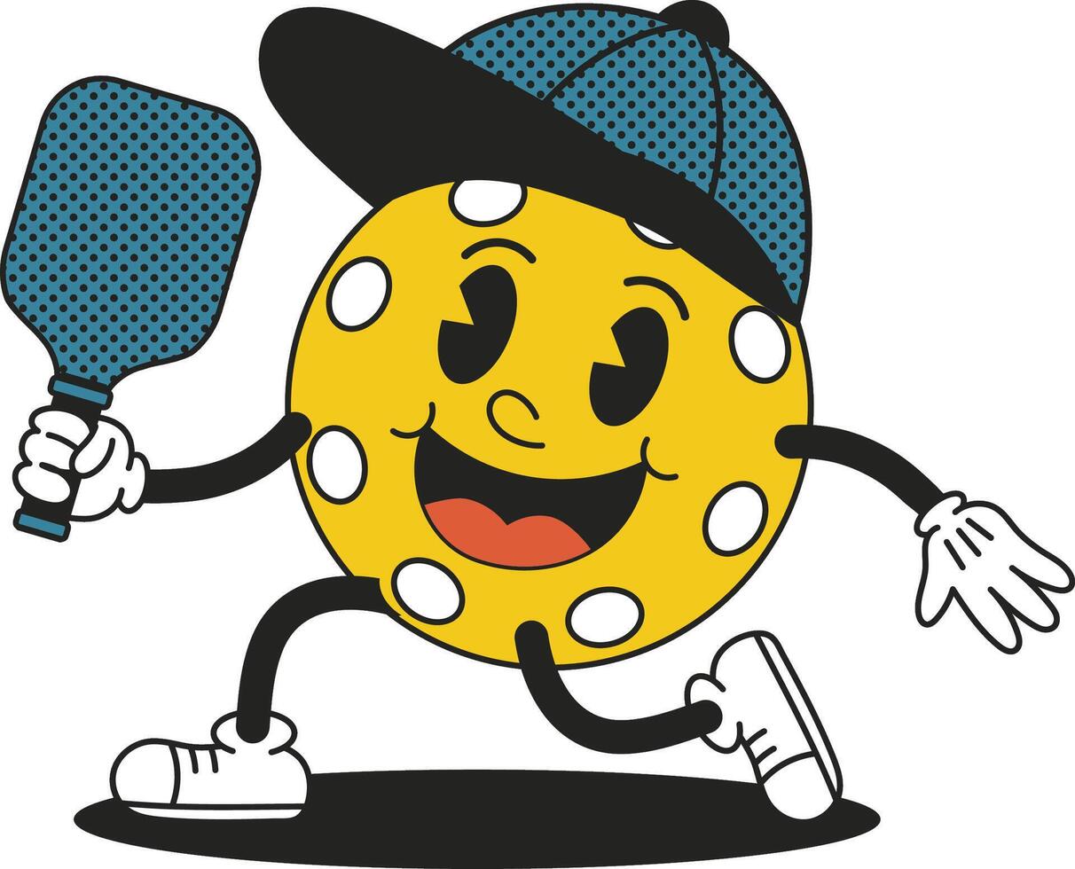 pickleball ball mascot in cap with racket funny cartoon character trendy isolated vector