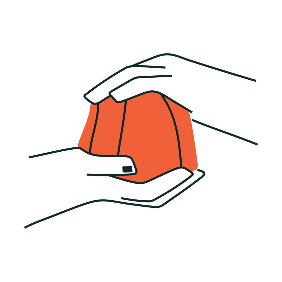 Hands with bright red pumpkin. Autumn harvest vector