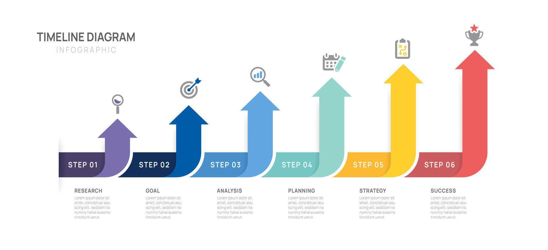 Business infographic six arrow 6 steps to success. Annual report, Business Timeline presentation template. illustration. vector