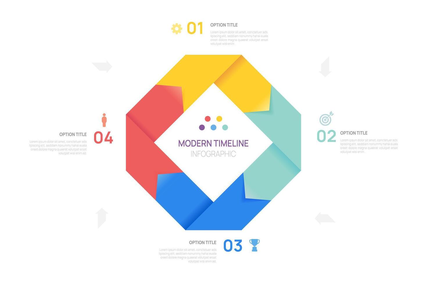Visual data presentation. Cycle diagram step options. Arrow Pie Chart square infographic template. vector