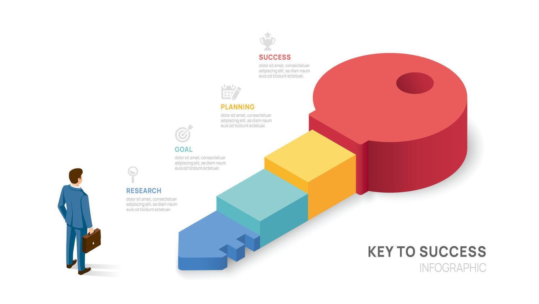 key success achievement grow infographic template for business. growth or progress to achieve target goal 4 stairs steps. vector