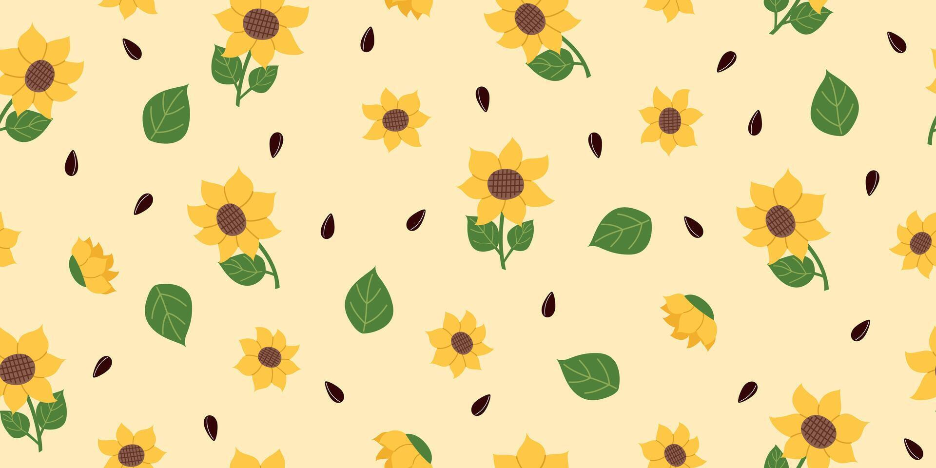Nature seamless pattern of sunflowers isolated on yellow. Nature, gardening, agriculture concept. vector