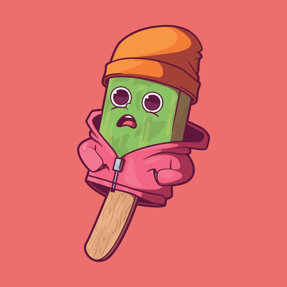 Ice Cream Character feeling cold dressed with winter clothing. vector