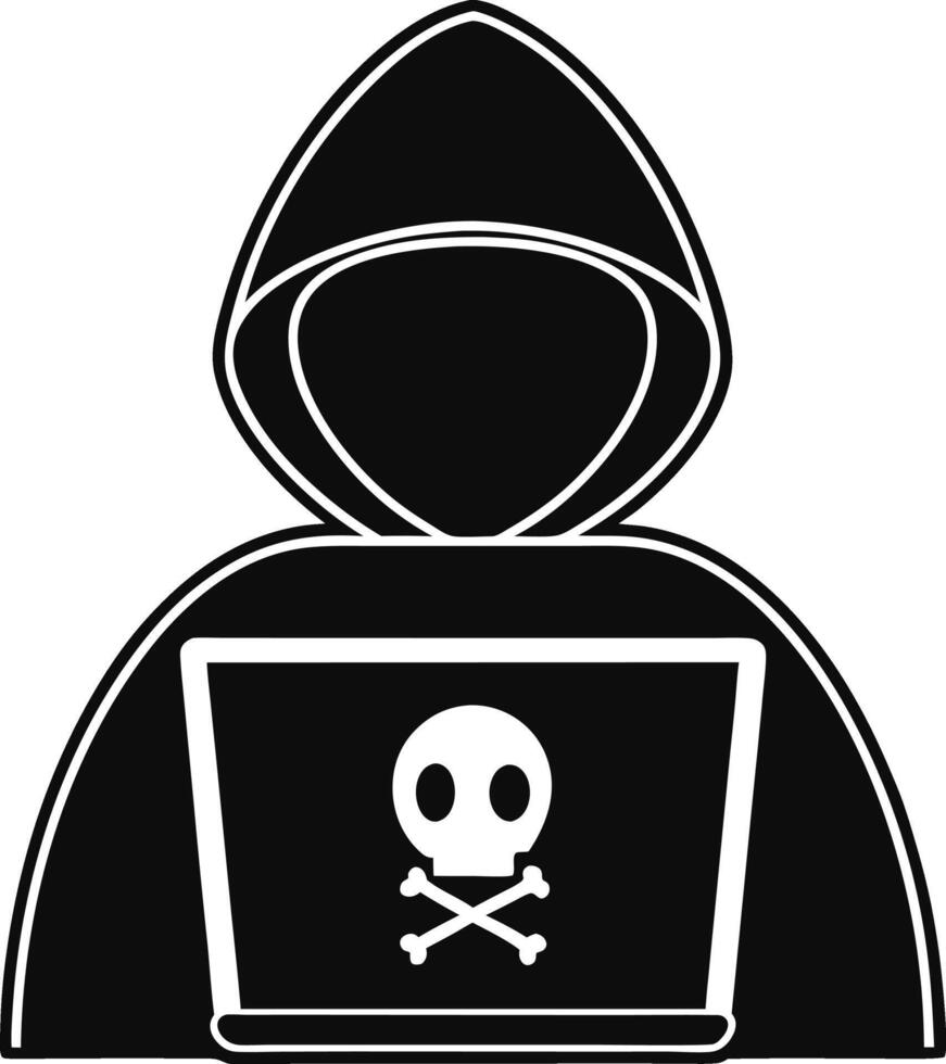 Anonymous Hacker Silhouette With Skull And Crossbones On Laptop Screen vector