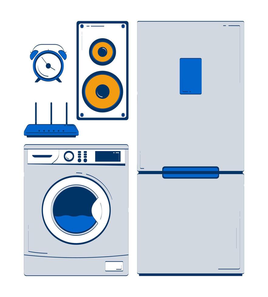 Home appliances 2D doodle objects set. Fridge, washing machine, router, speaker, alarm clock cartoon elements flat cliparts isolated on white background. Hand drawn illustrations collection vector