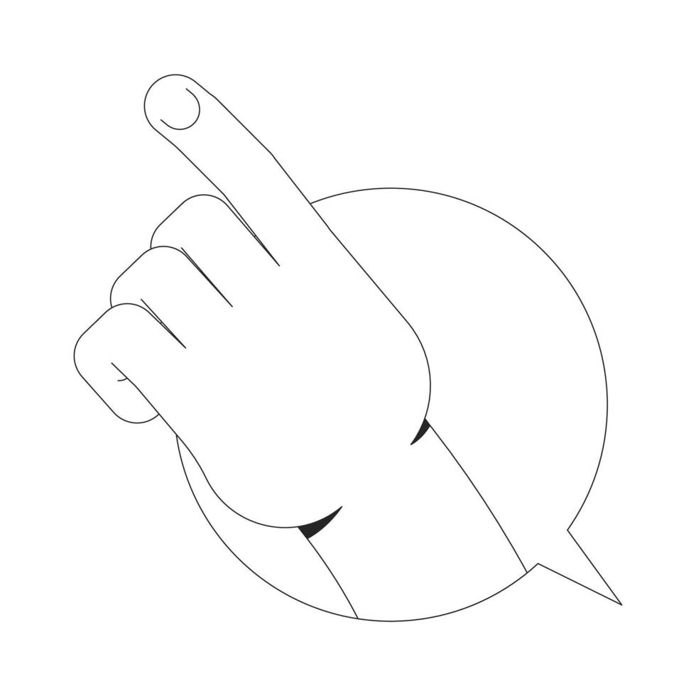 Hand pointing upward inside circular speech bubble outline illustration. Guidance, instruction. Gesture communication chat box isolated 2D image black and white. Linear drawing clip art vector