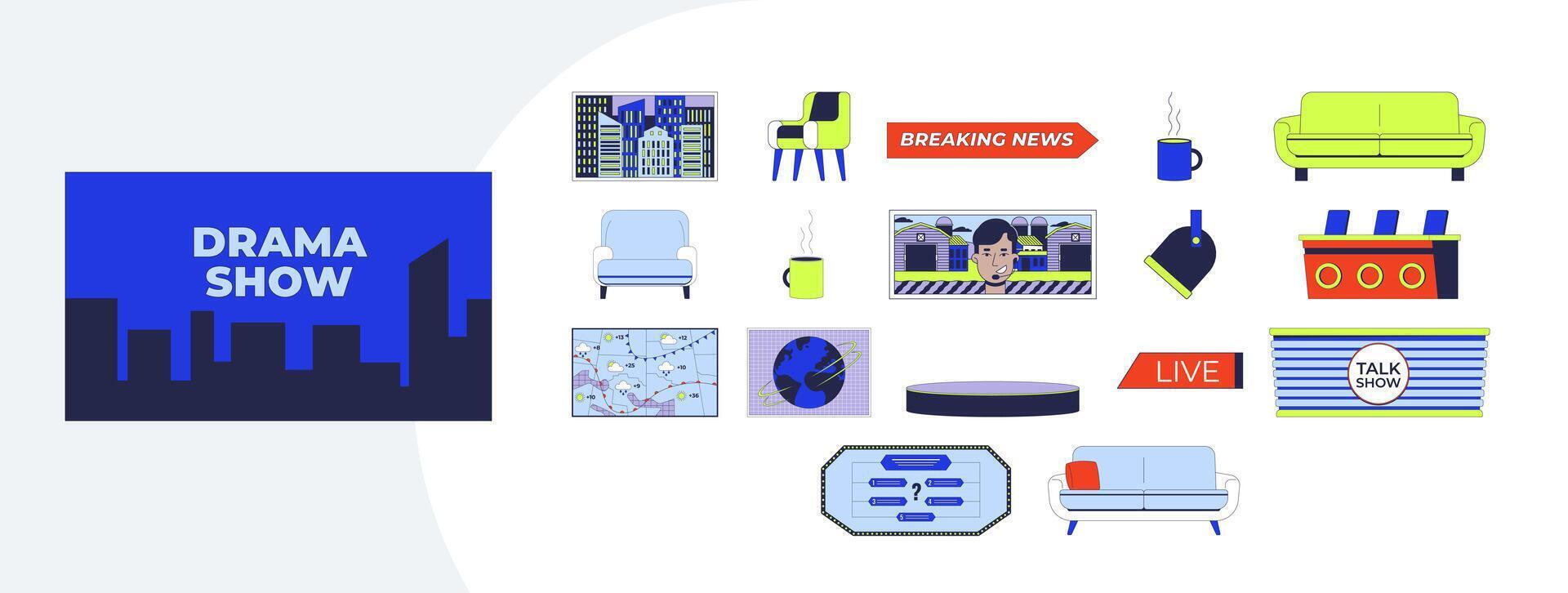 TV shows and broadcast elements cartoon flat illustrations mega bundle. Studio props furniture, breaking news, weather map, talk show 2D images isolated on white. Collection drawings colorful vector
