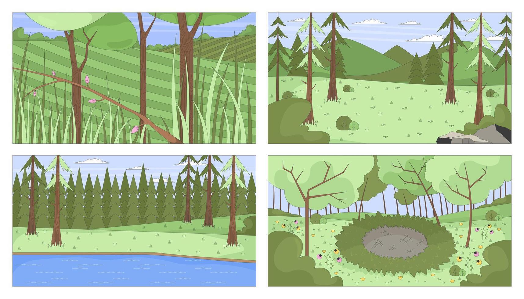 Outdoor landscapes flat illustration backgrounds set. Grassland, pine trees forest hills, woods clearing. Woodland, wilderness 2D cartoon backdrops. Colorful scenes art images collection vector