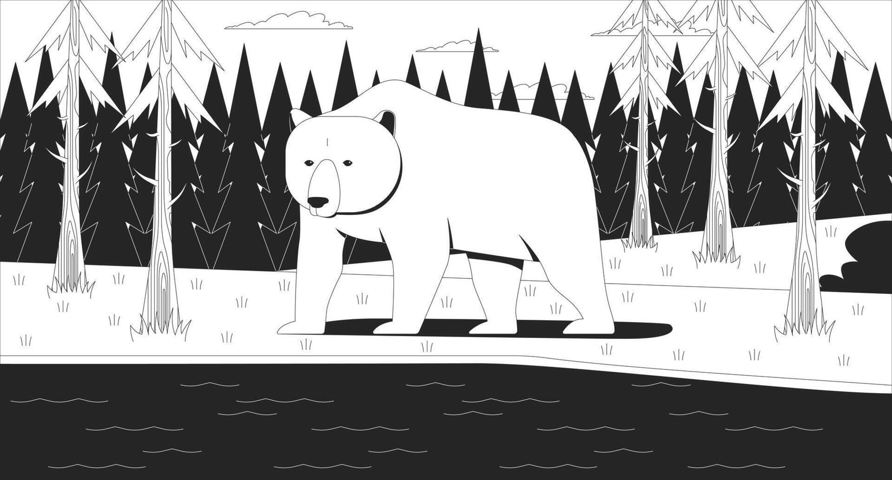 Grizzly polar bear standing by forest lake line illustration. Wild animal in pine woods near water river. Wildlife woodland mammal 2D ink linear character monochrome. Flat outline image vector