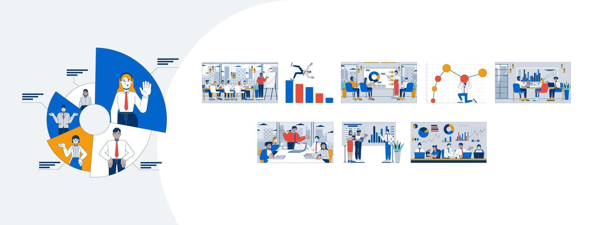 Corporate studying infographics cartoon flat illustrations mega bundle. Data visualization. Diverse office workers on business meetings 2D images isolated on white. Collection drawings colorful vector