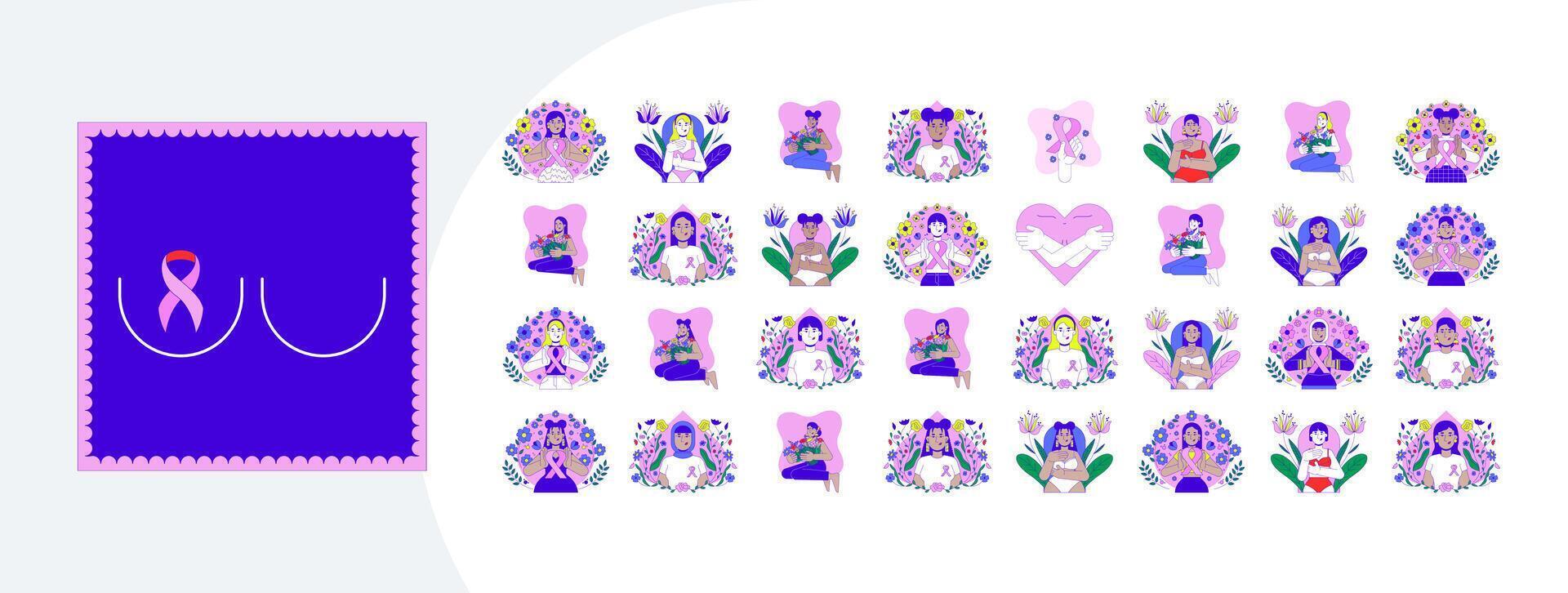 Floral breast cancer awareness cartoon flat illustrations mega bundle. Self examination, solidarity. Diverse women with pink ribbons 2D images isolated on white. Collection drawings colorful vector