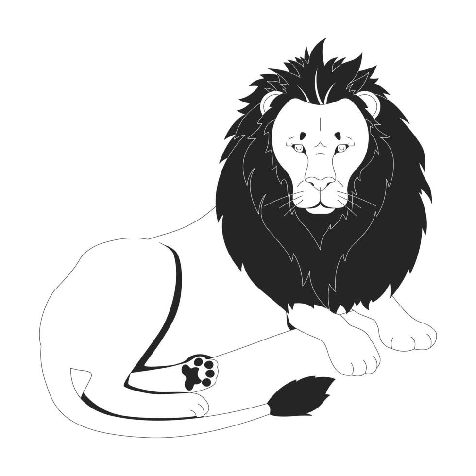 Proud lion lying down with intense gaze and voluminous mane 2D line character. Wild animal. Savanna wildlife. Majestic cat isolated ink outline creature. Monochromatic spot illustration vector
