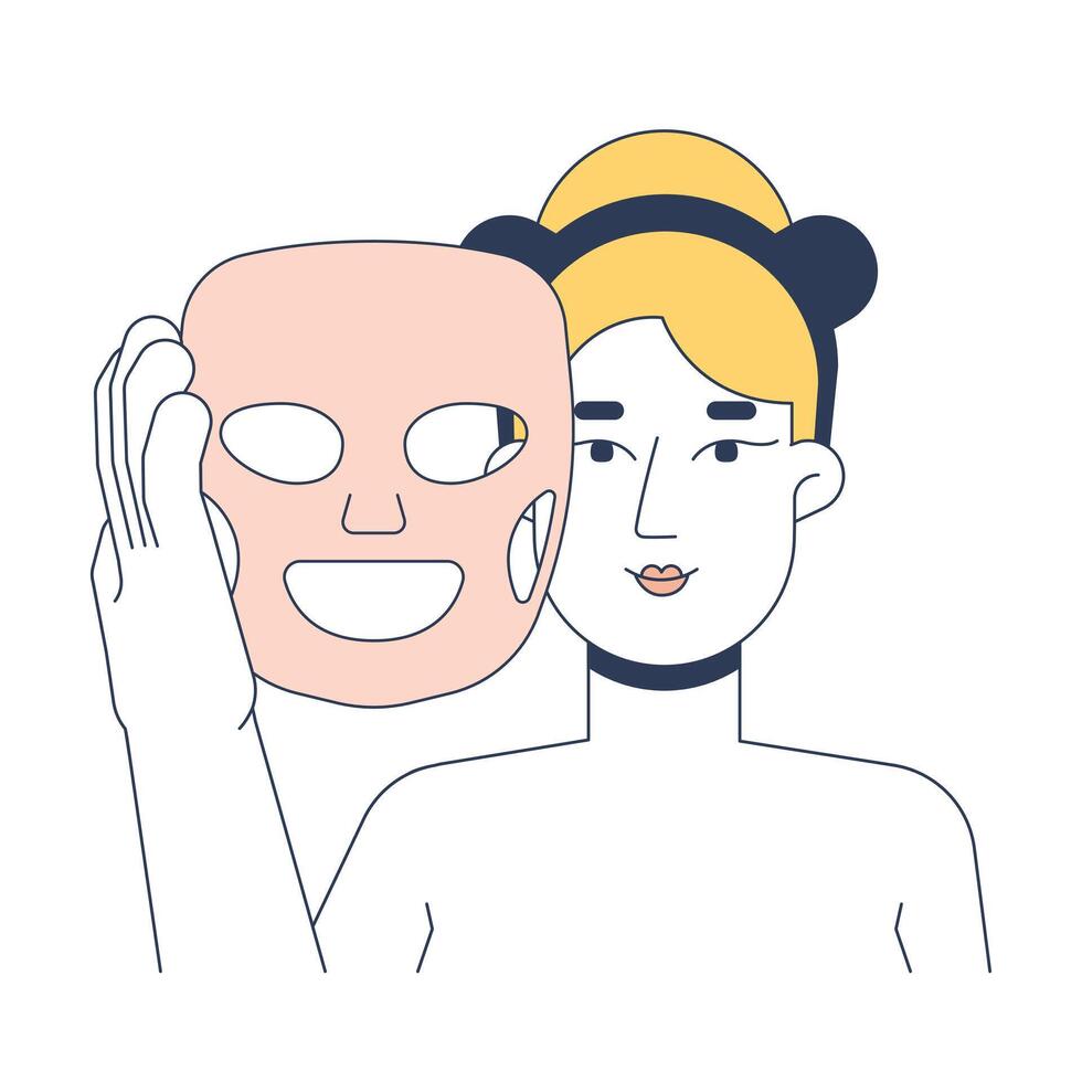 Blonde woman holding facial sheet mask 2D illustration. Rejuvenation skin care. Caucasian white female applying face mask flat character isolated on white background. Colorful cartoon image vector