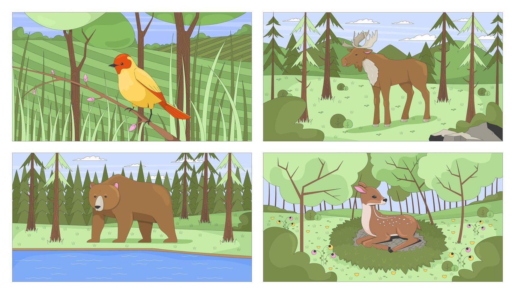 Forest wildlife flat illustrations set. Moose, bear, bird and fawn. Grizzly, songbird, baby dear, elk in woodland 2D characters cartoon backgrounds. Colorful scenes art images collection vector