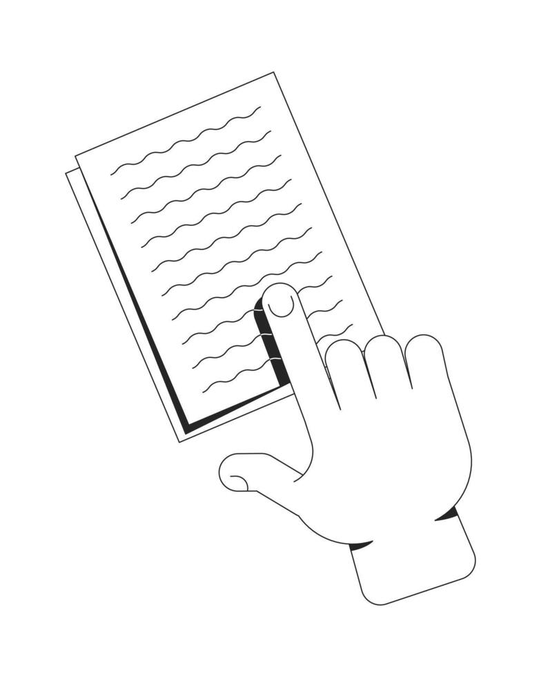 Interactive reading gesture outline illustration. User engagement with written content. Hand finger pointing at text on document page isolated 2D image black and white. Linear drawing clip art vector