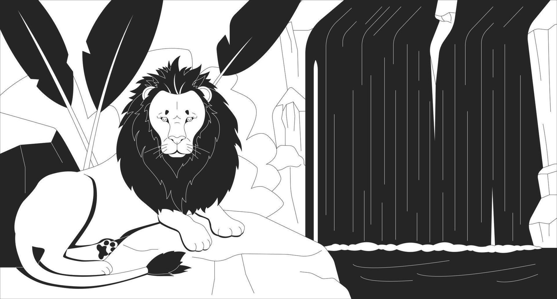 Majestic lion resting by flowing waterfall line illustration. Big cat mane on rock in rainforest. Predator wild animal jungle 2D ink linear character monochrome. Flat outline image vector