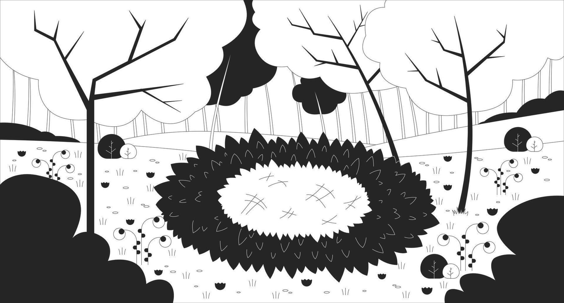 Empty grass nest in blooming forest clearing line illustration backdrop. Woodland landscape grassy glade surrounded by trees flowers outdoor 2D ink outline monochrome background. Lineart vector