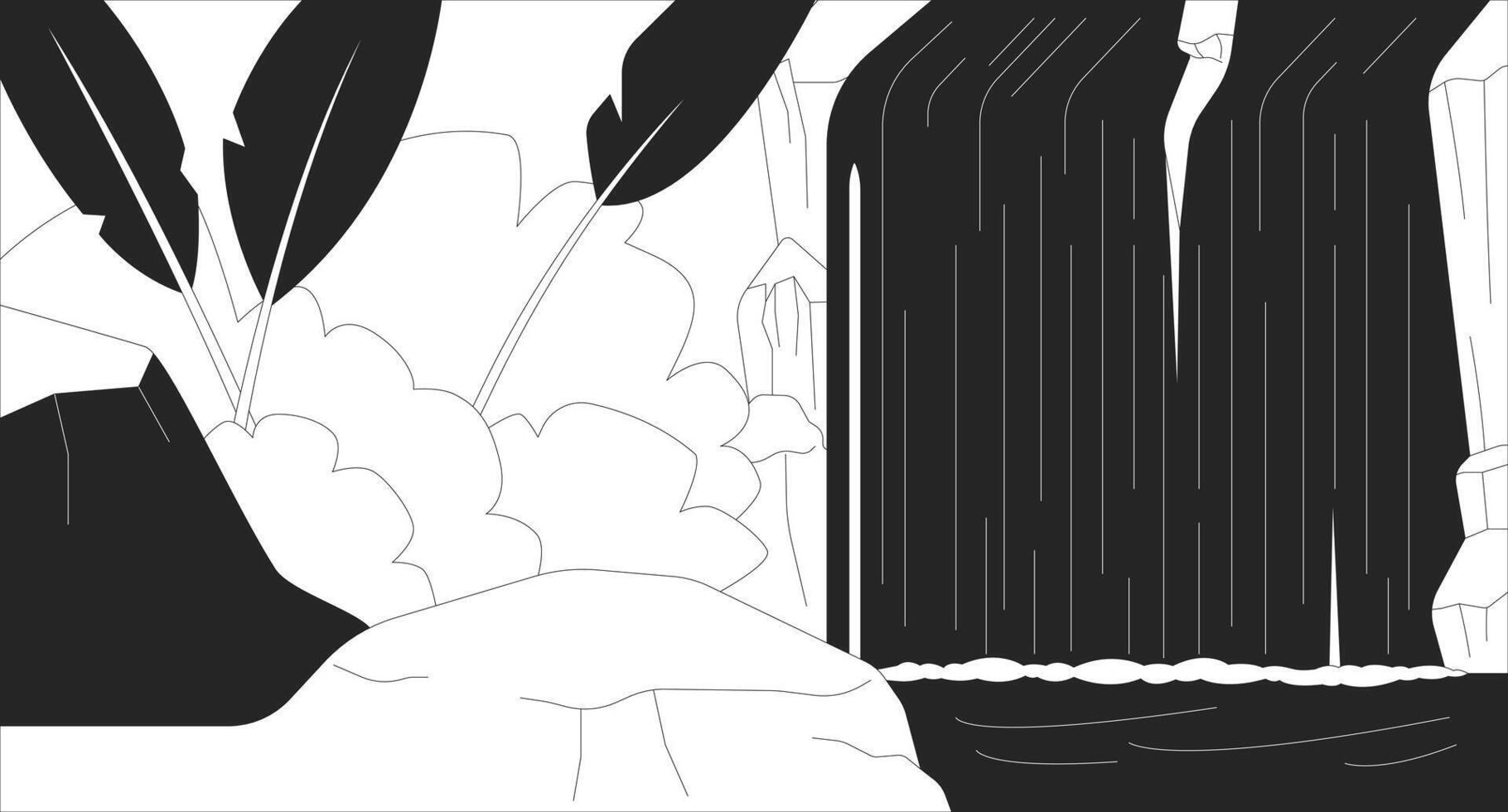 Tropical waterfall in jungle line illustration backdrop. Lush greenery landscape, rocks and falling water. Rainforest nature environment 2D ink outline monochrome background. Lineart vector