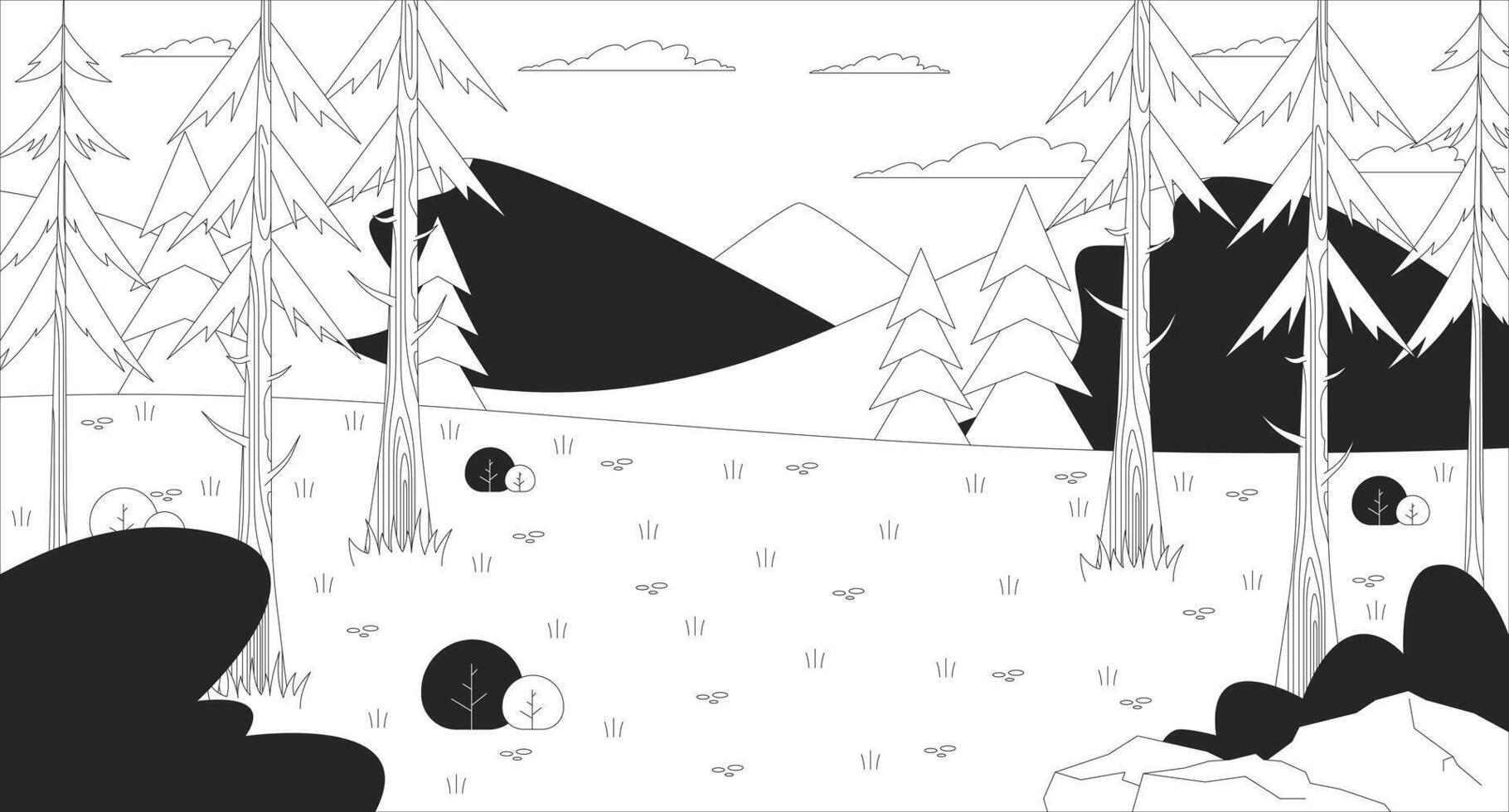 Mountain forest clearing with pine trees and hills line illustration backdrop. Woodland landscape. Natural habitat woods. Outdoor scenery 2D ink outline monochrome background. Lineart vector