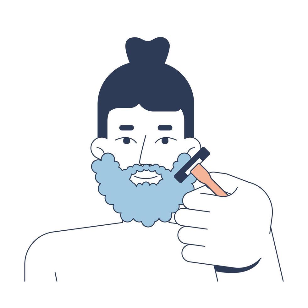 Caucasian white man applying shaving foam and using razor 2D illustration. Barbershop, facial hair. Male beard shaving flat character isolated on white background. Colorful cartoon image vector