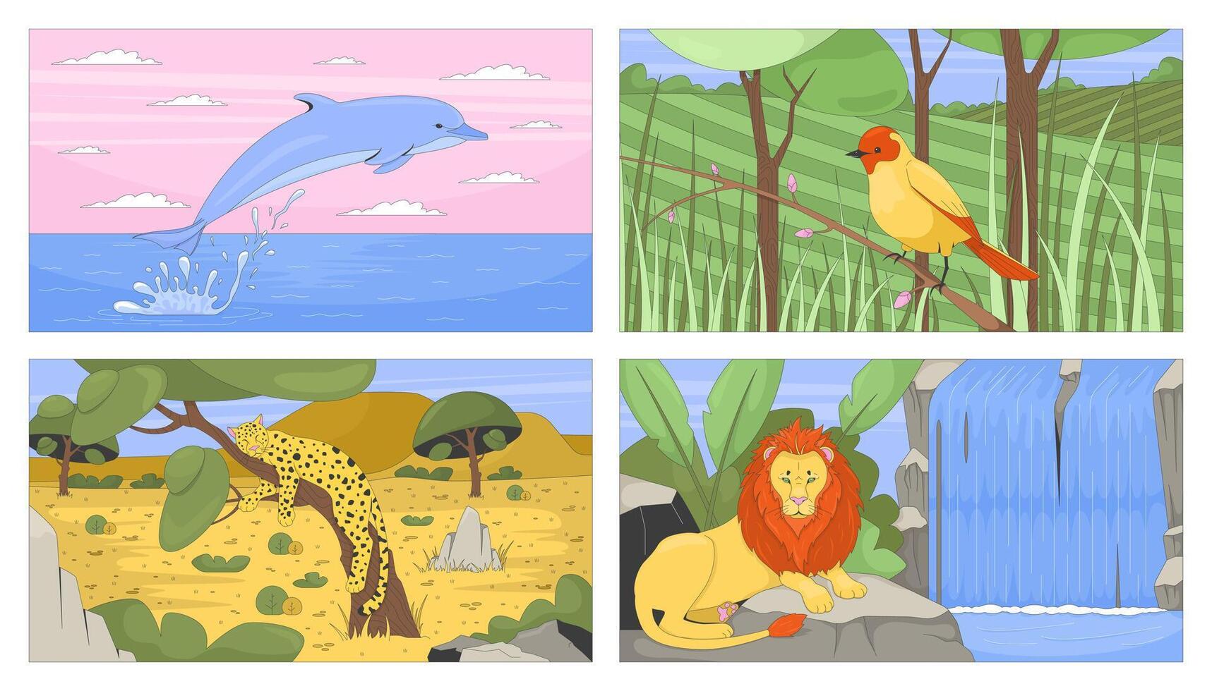 Wildlife animals in natural habitats flat illustrations set. Dolphin jumping, bird grassland, lion, leopard sleeping 2D characters cartoon backgrounds. Colorful scenes art images collection vector