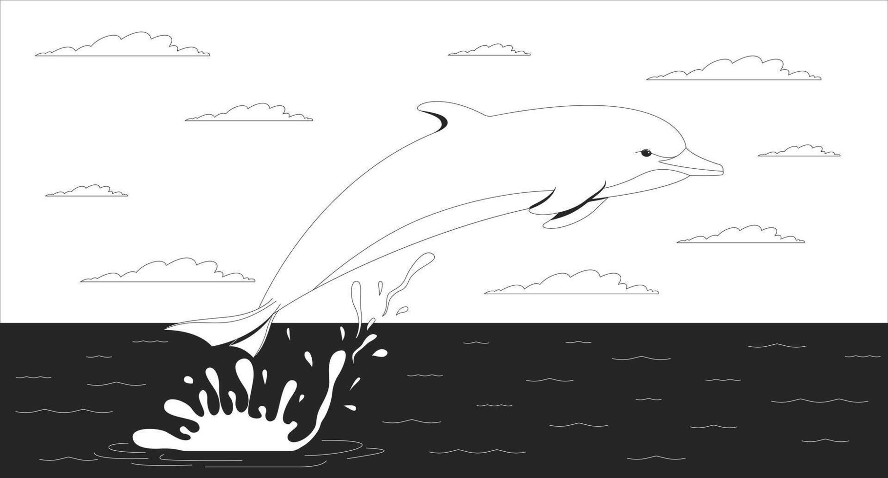 Dolphin jumping at sunset ocean line illustration. Aquatic mammal leaping out of water with splash. Sea animal. Marine wildlife 2D ink linear character monochrome. Flat outline image vector