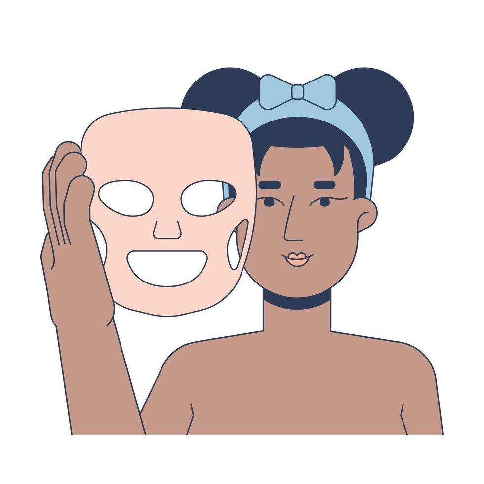 Black woman using sheet mask for skincare routine 2D illustration. Facial skin care. African american female face pampering flat character isolated on white background. Colorful cartoon image vector
