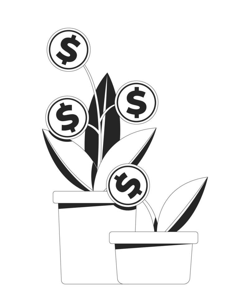 Financial growth with coin plants potted 2D line object. Profit investment, savings cultivation. Dollar money flowerpots growing isolated clipart ink outline item. Monochrome spot illustration vector