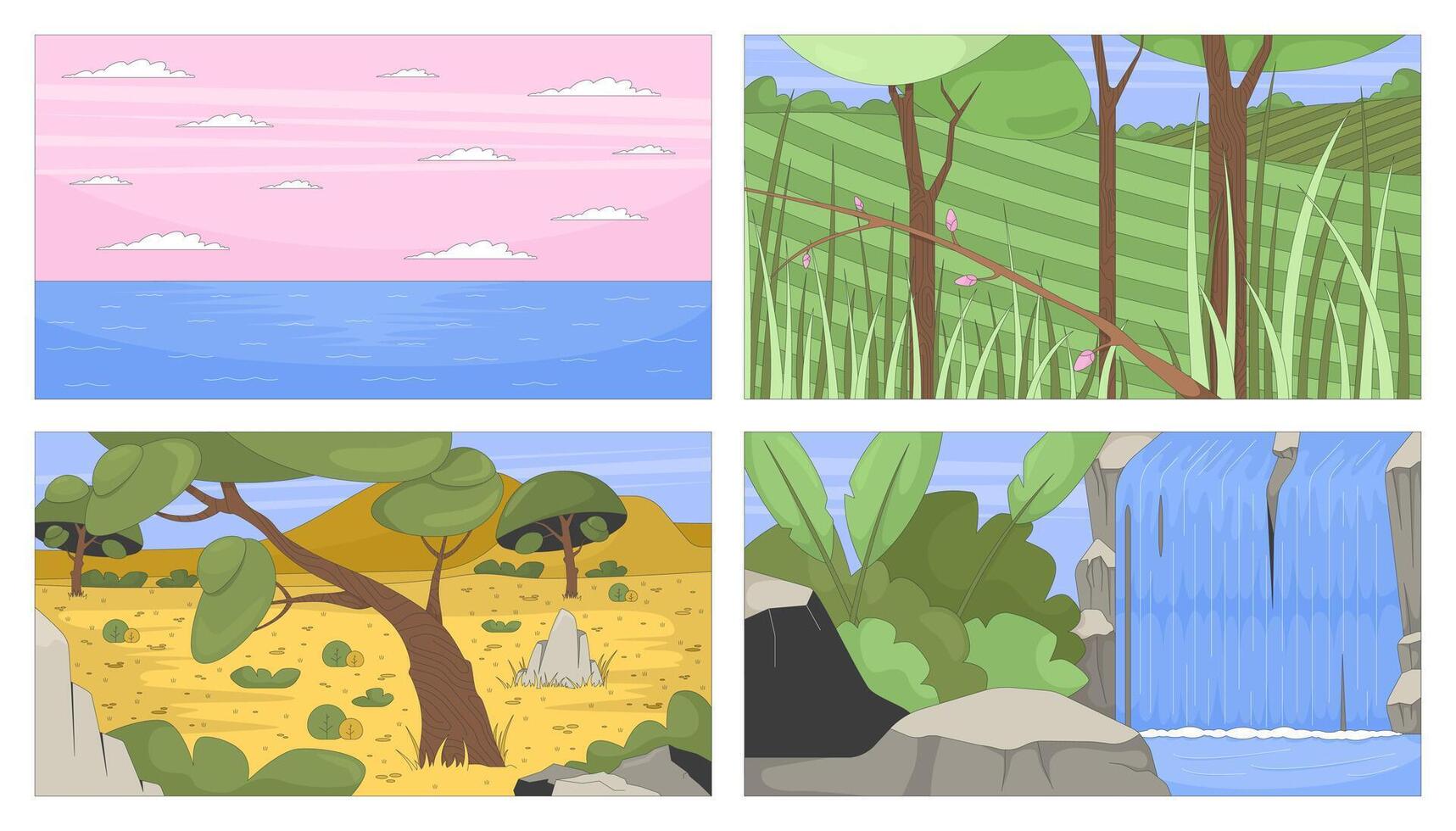 Empty wildlife environments flat illustration backgrounds set. Ocean, grassland, savanna, waterfall. Seascape, cascade, landscapes 2D cartoon backdrops. Colorful scenes art images collection vector