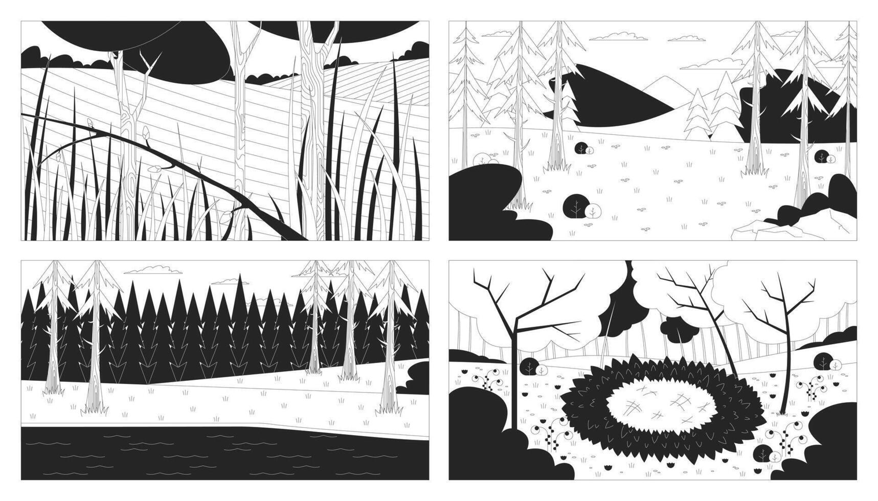 Outdoor landscapes line illustration backdrops set. Grassland, pine trees forest hills, woods clearing. Woodland, wilderness 2D ink outline monochrome backgrounds. Lineart collection vector