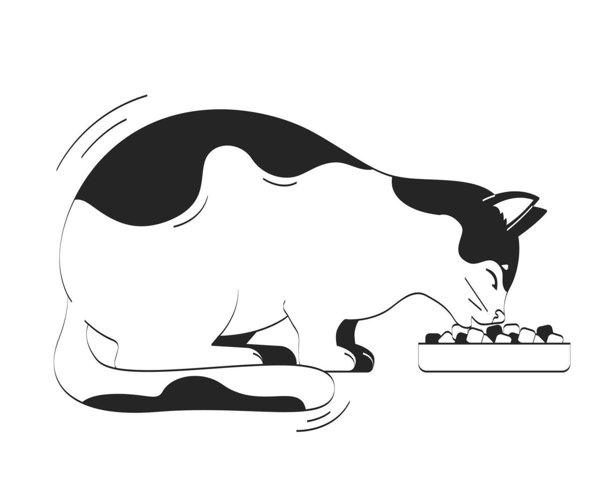 Hungry cat eating kibble from bowl doodle linear character. Kitty pet nutrition. Cute feline pet feeding meal 2D outline animal isolated. Hand drawn drawing illustration monochrome vector