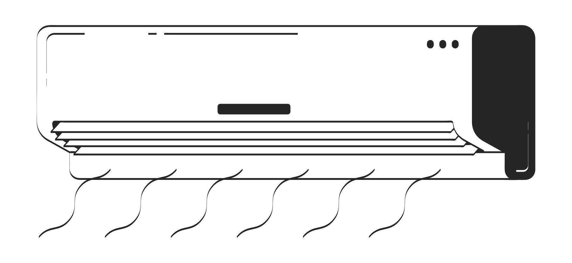 Wall-mounted air conditioner blowing cool air doodle linear object. Home cooling. Airconditioner AC appliance 2D outline clip art drawing isolated on white. Hand drawn sketch illustration vector