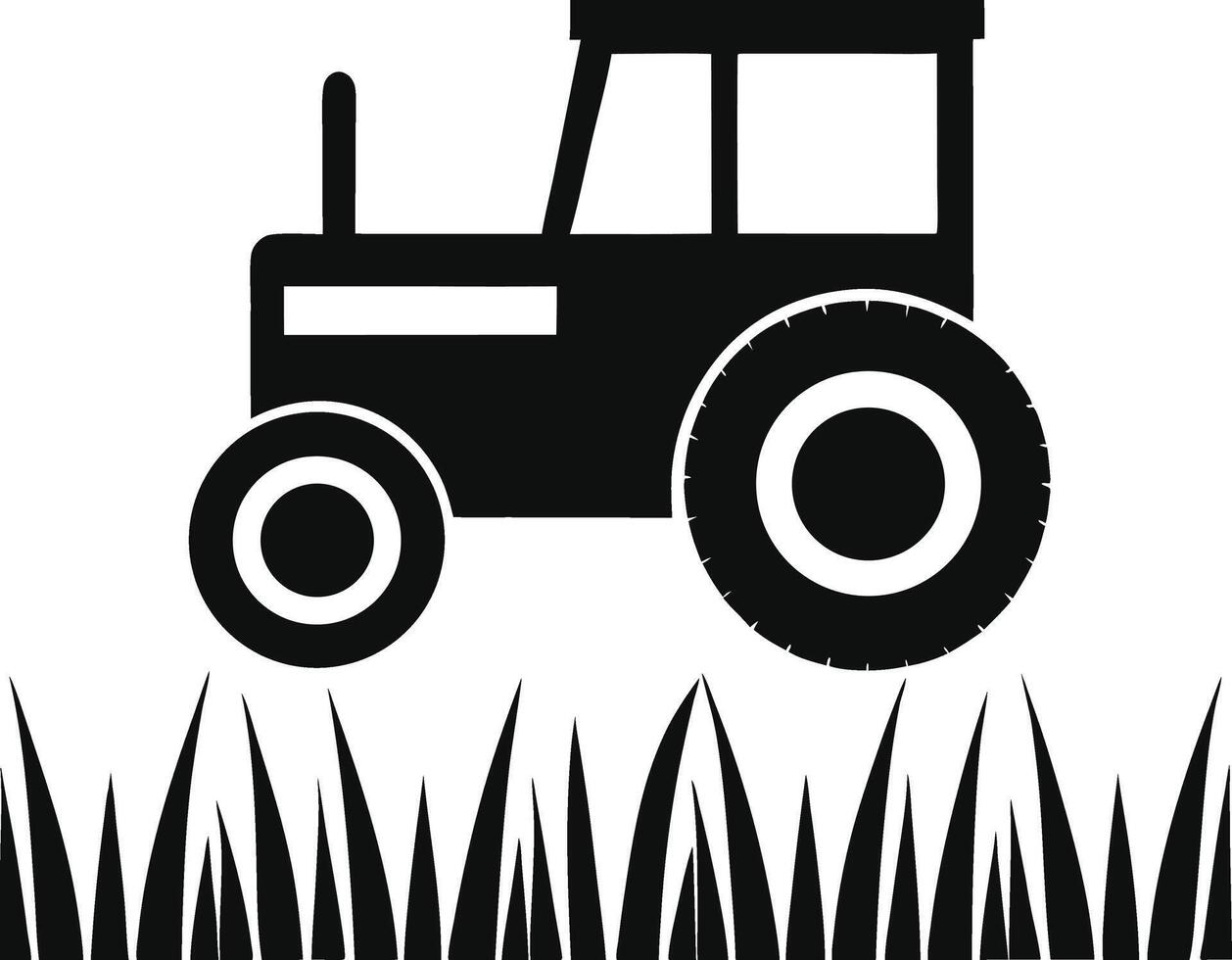 Black And White Tractor Silhouette Illustration Against Grass Backdrop Field Work vector