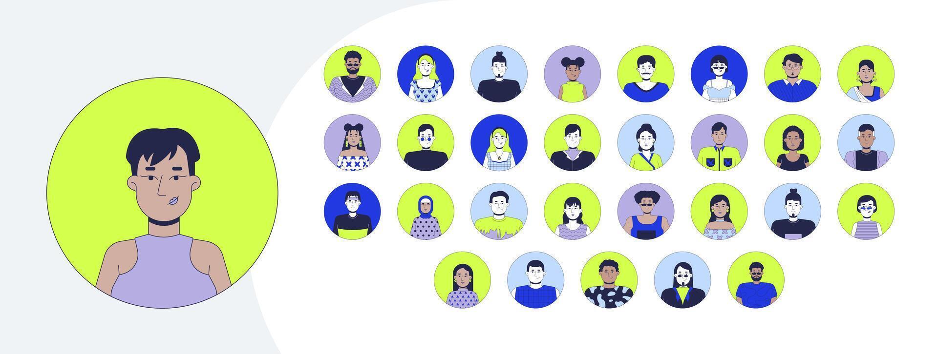 Diverse avatars in circular frames cartoon flat illustrations mega bundle. Multicultural people with varied hairstyles, expressions 2D images isolated on white. Collection drawings colorful vector