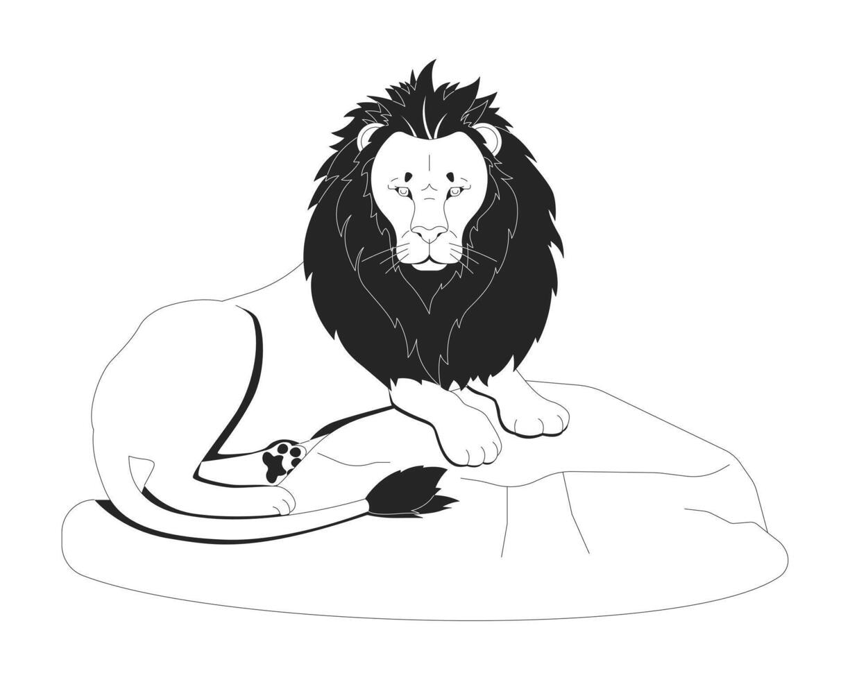 Majestic lion resting on rock 2D line character. Safari zoo animal. Big cat. Fierce predator. Wildlife. Savanna king isolated ink outline creature. Monochromatic spot illustration vector