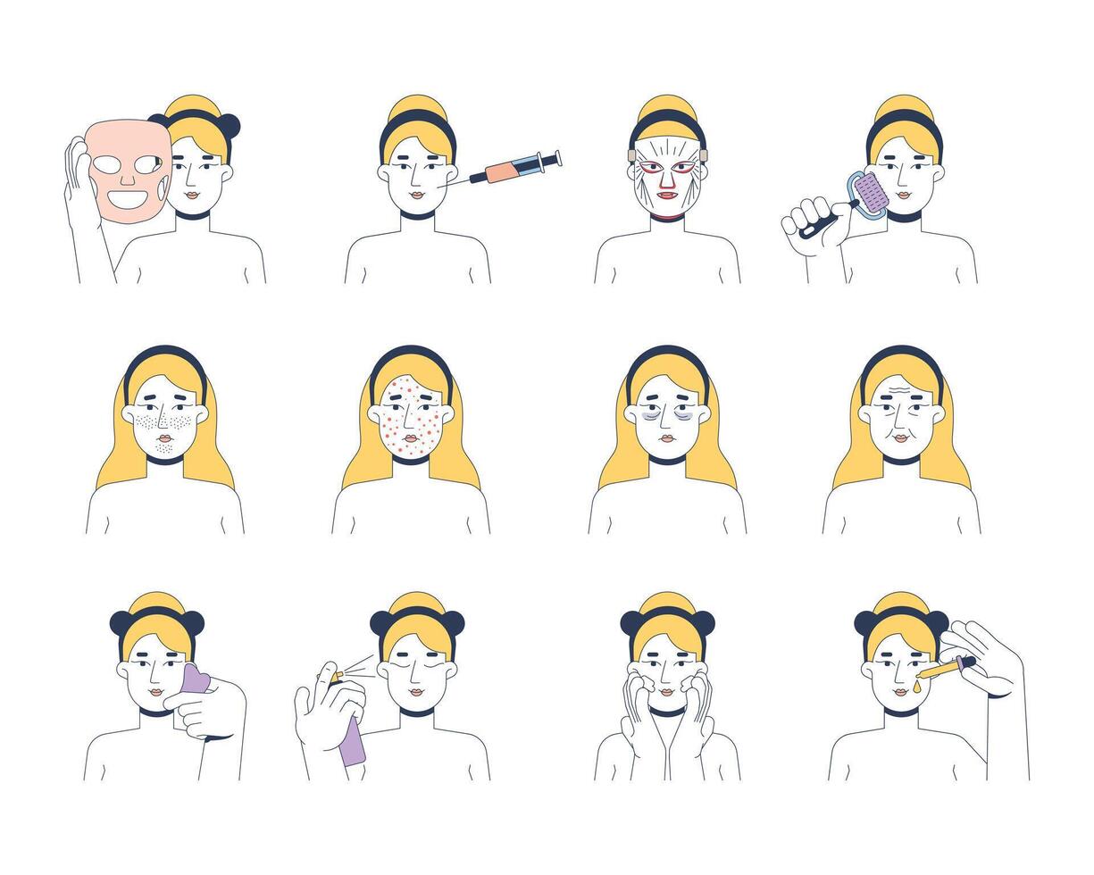 Skincare routine and skin problems 2D illustrations set. Cosmetic applying, gua sha, microneedling, acne. Caucasian woman flat character isolated on white. Colorful cartoon images collection vector