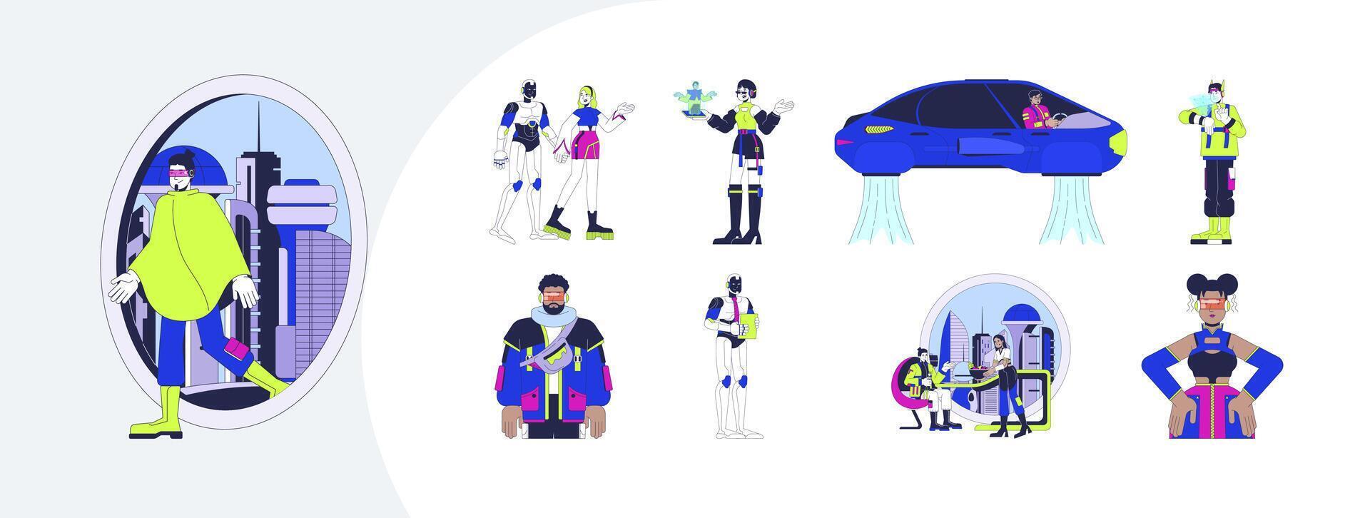 Futuristic lifestyle and technology cartoon flat illustrations mega bundle. Flying car, robot, smart wearables, holograms, scifi city 2D images isolated on white. Collection drawings colorful vector