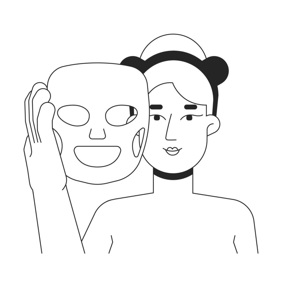 Blonde woman holding facial sheet mask outline illustration. Rejuvenation skin care. Caucasian white female applying face mask 2D line character isolated on white. Monochrome ink linear image vector
