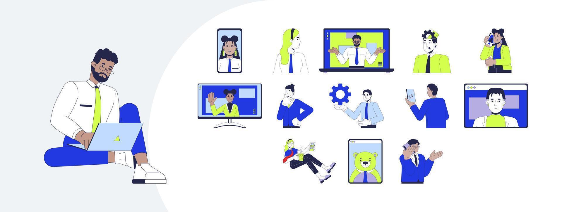 Digital business communication and remote work cartoon flat illustrations mega bundle. Virtual meetings, call. Diverse employees 2D images isolated on white. Collection drawings colorful vector
