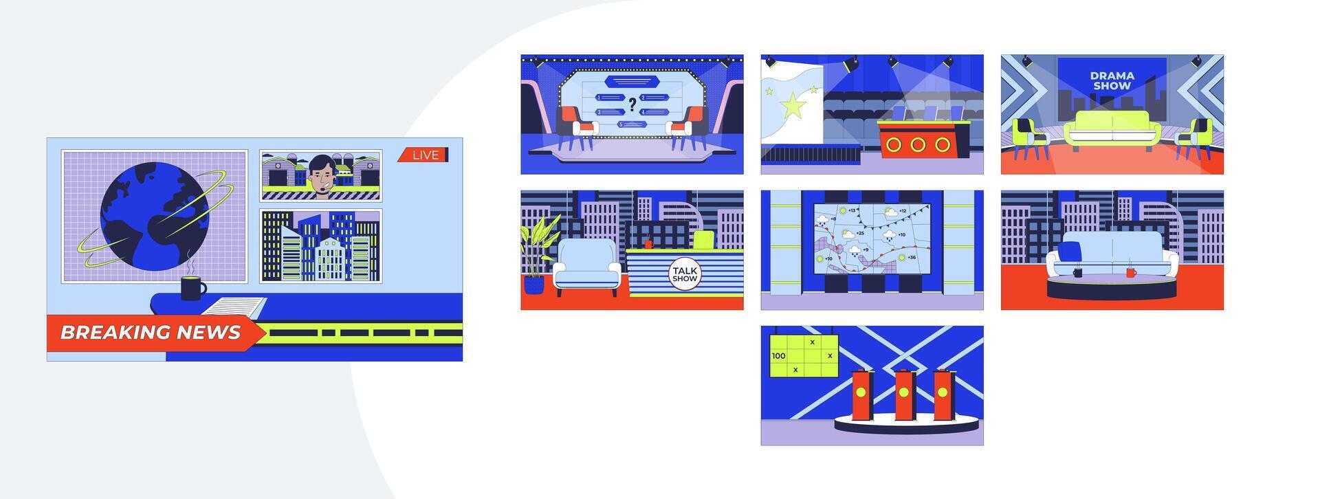 TV shows studio set cartoon flat illustrations mega bundle. Quiz competition, breaking news desk, weather broadcast furniture 2D images isolated on white. Collection drawings colorful vector